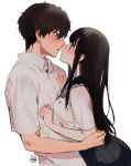  1boy 1girl artist_logo black_hair black_sailor_collar blush chitanda_eru couple dress_shirt eye_contact green_eyes grey_neckwear hetero highres hyouka incoming_kiss kamiyama_high_school_uniform long_hair looking_at_another mery_(yangmalgage) neck_ribbon nose_blush open_mouth oreki_houtarou ribbon sailor_collar sailor_shirt school_uniform shirt short_sleeves simple_background violet_eyes white_background white_shirt 