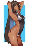  1girl armpits arms_behind_head bangs bikini black_hair blue_eyes blush braid covered_navel dark-skinned_female dark_skin hai_ookami highres long_hair looking_at_viewer original solo swimsuit very_long_hair white_bikini 