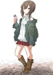  1girl boots brown_eyes brown_footwear brown_hair brown_skirt commentary_request fuji_(pixiv24804665) full_body grey_jacket highres jacket kantai_collection looking_at_viewer open_clothes open_jacket pleated_skirt road short_hair sidelocks simple_background skirt sleeveless sleeveless_sweater solo sweater taihou_(kancolle) turtleneck white_background white_sweater 