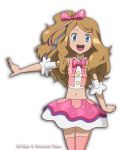  1girl :d blue_eyes bow bowtie buttons commentary earrings english_commentary eyebrows_visible_through_hair eyelashes hair_bow jewelry light_brown_hair long_hair navel noelia_ponce open_mouth outstretched_arm pink_bow pink_legwear pokemon pokemon_(anime) pokemon_xy_(anime) ribbon serena_(pokemon) skirt smile solo thigh-highs tongue upper_teeth 
