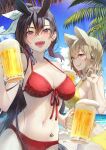  2girls :d :q alcohol alternate_costume animal_ears bangs bare_shoulders beach beer bikini black_hair black_wings blush breasts chest_tattoo clouds cloudy_sky commentary_request cowboy_shot cup day dual_wielding earphones earphones eyebrows_visible_through_hair feathered_wings fingernails hair_between_eyes hair_ribbon hand_up holding holding_cup horizon horse_ears horseshoe_earrings kurokoma_saki large_breasts lips long_hair looking_at_viewer medium_hair multiple_girls navel no_hat no_headwear ok_sign open_mouth outdoors palm_tree pegasus_wings pointy_hair ponytail red_eyes ribbon sideways_glance sky smile swimsuit syuri22 tattoo tongue tongue_out touhou toyosatomimi_no_miko tree upper_teeth very_long_hair white_ribbon wings 