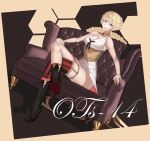  1girl armchair black_footwear black_neckwear blonde_hair boots braid breasts brown_corset chair character_name choker corset crossed_legs dress eyebrows_visible_through_hair garter_straps girls_frontline hand_on_own_knee highres long_hair looking_at_viewer medium_breasts ots-14_(girls_frontline) ponytail red_choker saturndxy simple_background single_thighhigh sitting solo star_(symbol) star_choker striped striped_legwear thigh-highs white_dress yellow_eyes 