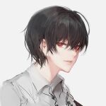  1boy bangs black_hair collared_shirt copyright_request crossed_bangs eyebrows_visible_through_hair grey_background grey_shirt hair_between_eyes male_focus parted_lips portrait red_eyes shirt short_hair simple_background sketch solo symbol-only_commentary tanu0706 teeth 