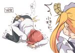  ! !! 2girls apron arm_behind_back blonde_hair collared_shirt dragon_girl dragon_horns gradient_hair hand_on_floor head_on_ground highres horns injury kobayashi-san_chi_no_maidragon kobayashi_(maidragon) kobayashi_sun_(artist) lightning_bolt_symbol long_hair maid maid_apron maid_headdress motion_lines multicolored_hair multiple_girls office_lady orange_hair pants ponytail puffy_short_sleeves puffy_sleeves redhead shadow shaking shirt short_hair short_sleeves simple_background socks sweatdrop tohru_(maidragon) top-down_bottom-up translation_request twintails white_background white_shirt 