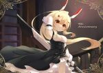  1girl absurdres anniversary arm_up armpits ayanami_(azur_lane) azur_lane bangs bare_shoulders black_bow black_dress blonde_hair bow breasts closed_mouth commentary_request detached_sleeves dress ebichiri_sunday eyebrows_visible_through_hair hair_between_eyes hair_ornament hairclip headgear high_ponytail highres holding holding_sword holding_weapon indoors long_hair medium_breasts ponytail red_eyes solo sword very_long_hair weapon white_sleeves 