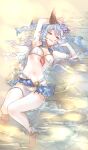 1girl absurdres animal_ears armpits blue_hair breasts ferry_(granblue_fantasy) full_body granblue_fantasy highres looking_at_viewer lying natsun_nsfk navel on_back sand smile solo swimsuit thighs water 