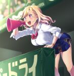  1girl bleachers blonde_hair bow bracelet fingernails hakkaku_shikimi highres jewelry leaning_forward looking_ahead megaphone nail_polish nijisanji open_mouth red_eyes shirt shouting skirt sleeves_rolled_up smile stadium sweat sweating_profusely takamiya_rion thighs tongue uniform white_shirt 