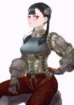  1girl absurdres armor ashei belt black_hair breasts domodesu gauntlets gloves hair_ornament highres long_hair looking_at_viewer pointy_ears red_eyes simple_background solo the_legend_of_zelda the_legend_of_zelda:_twilight_princess twintails white_background 