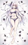  1girl bangs bare_arms bare_legs bare_shoulders barefoot black_bra black_flower black_panties blue_eyes bow bow_bra bow_panties bra breasts closed_mouth collarbone commentary_request dakimakura_(medium) eyebrows_visible_through_hair flower full_body hair_flower hair_ornament hand_on_own_stomach highres long_hair looking_at_viewer lying mauve medium_breasts navel on_back original panties petals silver_hair solo underwear underwear_only very_long_hair white_hair 