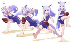  1girl animal_ears ball bare_arms bare_legs bare_shoulders barefoot baseball baseball_mitt blue_swimsuit commentary full_body highres holding holding_ball horse_ears horse_girl horse_tail long_hair mejiro_mcqueen_(umamusume) multiple_views nishiki_kazue one-piece_swimsuit pitching purple_hair simple_background standing standing_on_one_leg swimsuit tail umamusume violet_eyes white_background 