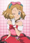  1girl bangs bare_shoulders black_choker blue_eyes bow choker closed_mouth commentary dress earrings english_commentary eyelashes glint gloves hair_bow hairband jewelry key looking_at_viewer noelia_ponce one_eye_closed pink_bow pokemon pokemon_(anime) pokemon_xy_(anime) red_bow serena_(pokemon) smile solo split_mouth watermark white_gloves 