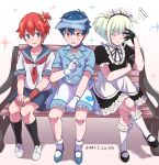  3boys apron asanaka_yomogi blue_eyes blue_hair blush closed_eyes creator_connection crossover dress green_hair gridman_universe hat hibiki_yuuta lio_fotia maid maid_headdress multiple_boys open_mouth otoko_no_ko promare redhead sailor_dress school_uniform shirt short_hair sitting skirt smile ssss.dynazenon ssss.gridman sweat sweatdrop tenten_(kitty) trigger_(company) waitress white_shirt yellow_eyes 