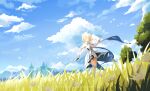  1girl arm_guards artist_name bangs bare_shoulders blonde_hair blue_sky closed_eyes clouds cloudy_sky day detached_sleeves dress flower genshin_impact grass hair_flower hair_ornament highres lumine_(genshin_impact) outdoors petals scarf scenery short_hair short_hair_with_long_locks sky smile solo white_petals white_scarf zahchii_(airiakasaki) 