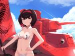  1girl absurdres bikini black_hair breasts brown_eyes bug caterpillar_tracks centipede centipede_print clouds commentary_request day flag girls_und_panzer girls_und_panzer_ribbon_no_musha ground_vehicle hair_ribbon highres kurokimono001 military military_vehicle motor_vehicle navel ribbon short_hair sky smile solo swimsuit tank tsuruki_shizuka type_97_te-ke 