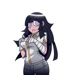  1girl alternate_eye_color alternate_hair_color azazel_(helltaker) azazel_(helltaker)_(cosplay) bandaged_arm bandages bangs bini_(xocolatl_501) black_hair blue_eyes breasts commentary_request cosplay dangan_ronpa_(series) dangan_ronpa_2:_goodbye_despair eyebrows_visible_through_hair gloves halo hands_on_own_breasts hands_up helltaker jacket large_breasts long_hair looking_at_viewer mole mole_under_eye open_mouth pants parody short_sleeves simple_background single_glove solo transparent_background tsumiki_mikan white_background white_gloves white_jacket white_pants 