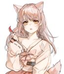  1girl :o animal_ears bangs bare_shoulders blush bow breasts brown_eyes collarbone commentary_request copyright_request eyebrows_visible_through_hair fox_ears fox_girl fox_tail hand_up highres holding long_hair long_sleeves looking_at_viewer off_shoulder open_mouth pink_bow ribbon-trimmed_sleeves ribbon_trim shiny shiny_hair simple_background single_bare_shoulder sleeves_past_wrists solo tail tail_raised tanu0706 upper_body white_background 