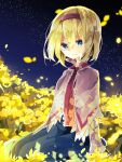  1girl alice_margatroid blonde_hair blue_dress blue_eyes capelet commentary_request dress flower hair_between_eyes hairband highres long_sleeves medium_hair night nikorashi-ka outdoors petals red_hairband red_ribbon ribbon solo touhou white_capelet yellow_flower 