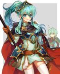  1boy 1girl aqua_hair armor blue_eyes blue_hair blush boots breastplate breasts brother_and_sister cape earrings eirika_(fire_emblem) ephraim_(fire_emblem) fingerless_gloves fire_emblem fire_emblem:_the_sacred_stones fire_emblem_heroes gloves highres jewelry long_hair looking_at_viewer nana_(nanalog76) open_mouth polearm ponytail short_hair siblings simple_background skirt smile spear thigh-highs weapon 