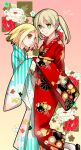  2girls blonde_hair brown_hair closed_mouth dated floral_background green_eyes highres japanese_clothes kimono long_hair looking_at_viewer maka_albarn medium_hair multiple_girls open_mouth satoimo_(3311_mi) smile soul_eater twintails 