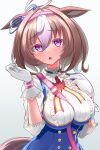 1girl ahoge animal_ears between_breasts breasts brown_hair commentary_request gloves headband highres horse_ears horse_girl horse_tail large_breasts meisho_doto_(umamusume) open_mouth portrait simple_background tail taka_shida umamusume violet_eyes white_background white_gloves 
