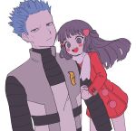  1boy 1girl :d arm_hug bangs blue_hair blush_stickers chome_(meme_chon) closed_mouth coat commentary_request cyrus_(pokemon) hikari_(pokemon) eyelashes floating_hair grey_eyes hair_ornament hairclip highres long_hair long_sleeves open_clothes open_mouth open_vest pokemon pokemon_(game) pokemon_dppt pokemon_platinum red_coat scarf smile spiky_hair team_galactic tongue upper_teeth vest white_scarf 
