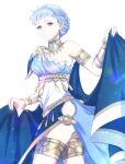  1girl absurdres alternate_costume armlet armor blue_dress blue_hair bracelet braid breasts brown_eyes closed_mouth collar commentary_request crown_braid dancer dancer_(three_houses) dfhnokenbutu dress earrings fire_emblem fire_emblem:_three_houses fire_emblem_heroes highres jewelry marianne_von_edmund medium_breasts official_alternate_costume shawl short_hair shoulder_armor simple_background single_bare_shoulder sleeveless sleeveless_dress smile solo thighs white_background 