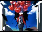 1boy balloon black_hair black_shirt blurry closed_mouth clouds commentary_request day grey_eyes grey_jacket heart_balloon highres holding holding_balloon jacket logo male_focus outdoors pokemon pokemon_(game) pokemon_legends:_arceus red_scarf rei_(pokemon) rock scarf shirt short_hair sky smile solo standing upi_(ukn18pkanother) 