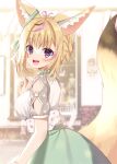  1girl :d animal_ear_fluff animal_ears black_hair blonde_hair blurry blurry_background braid breasts commentary_request depth_of_field fox_ears fox_girl fox_tail green_nails green_skirt heart heart-shaped_pupils hololive mauve medium_breasts multicolored_hair nail_polish omaru_polka open_mouth pink_hair puffy_short_sleeves puffy_sleeves see-through see-through_sleeves shirt short_sleeves skirt smile solo streaked_hair symbol-shaped_pupils tail tail_raised upper_teeth violet_eyes virtual_youtuber white_shirt 