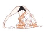  1girl :3 absurdres animal_ears animal_print ass bakeneko barefoot black_hanekawa black_panties cat_ears cat_girl cat_print full_body hanekawa_tsubasa highres hitagi_otonashi jack-o&#039;_challenge long_hair looking_at_viewer meme monogatari_(series) no_pants open_mouth pajamas panties print_pajamas simple_background slit_pupils smile solo spread_legs top-down_bottom-up underwear very_long_hair white_background white_hair wide_spread_legs yellow_eyes 