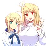  2girls ahoge antenna_hair arcueid_brunestud artoria_pendragon_(fate) blonde_hair blue_eyes braid breasts company_connection cowboy_shot fate/stay_night fate_(series) french_braid green_eyes hair_intakes highres large_breasts long_hair looking_at_viewer multiple_girls red_eyes saber sbs small_breasts smile tsukihime turtleneck turtleneck_sweater type-moon v white_background 