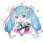  1girl :d absurdres bangs blue_flower blue_hair blue_rose blush chibi commentary_request eiba eyebrows_visible_through_hair floral_background flower full_body green_eyes hair_between_eyes hair_ribbon hatsune_miku highres magical_mirai_(vocaloid) open_mouth orange_flower orange_rose pink_flower pink_ribbon pink_rose purple_flower purple_rose ribbon rose round_teeth sample smile solo teeth twintails upper_teeth vocaloid white_background 