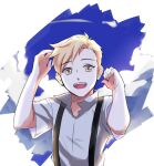  1boy alphonse_elric backlighting bangs blonde_hair blue_background blue_sky child clouds cloudy_sky collared_shirt day eyebrows_visible_through_hair fullmetal_alchemist hands_up happy high_collar looking_at_viewer male_focus open_mouth shin_(shinobu612) shirt short_sleeves simple_background sky smile suspenders swept_bangs teeth tongue tsurime two-tone_background upper_body upper_teeth white_shirt wide_sleeves yellow_eyes 