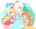  3girls :d :o aqua_dress aqua_eyes arm_grab bangs bare_shoulders blonde_hair blue_eyes blush brooch cellphone closed_eyes collarbone crown day dress earrings elbow_gloves flipped_hair gloves hair_over_one_eye jewelry leaning_forward lips long_hair looking_at_another super_mario_bros. mini_crown multiple_girls off_shoulder omochi_(glassheart_0u0) one_eye_closed open_mouth outstretched_arm petals phone princess princess_daisy princess_peach puffy_sleeves rosalina sky smartphone smile star_(symbol) star_earrings tree v white_curtains white_gloves yellow_dress 