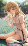  1girl ball belt blonde_hair blurry blurry_background blush bottle brown_eyes highres long_hair looking_at_viewer open_mouth original outdoors polo_dress racket shadow short_sleeves sitting solo tennis tennis_ball tennis_court tennis_net tennis_racket water water_bottle zattape 