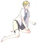  1boy alphonse_elric arm_support arms_at_sides bangs barefoot bishounen black_shorts blonde_hair blush collared_shirt ear_blush elbow_blush expressionless facing_viewer fingernails full_body fullmetal_alchemist grey_shirt knee_blush light_blush male_focus noako on_floor open_clothes open_shirt pale_skin parted_lips shiny shiny_hair shirt short_sleeves shorts shy sidelighting sideways_glance simple_background sitting skinny sweatdrop swept_bangs tareme undershirt white_background white_shirt yellow_eyes yokozuwari 