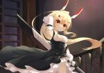  1girl absurdres arm_up armpits ayanami_(azur_lane) azur_lane bangs bare_shoulders black_bow black_dress blonde_hair bow breasts closed_mouth detached_sleeves dress ebichiri_sunday eyebrows_visible_through_hair hair_between_eyes hair_ornament hairclip headgear high_ponytail highres holding holding_sword holding_weapon indoors long_hair medium_breasts ponytail red_eyes smile solo sword very_long_hair weapon white_sleeves 