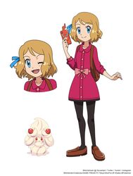  1girl ;d alcremie alcremie_(strawberry_sweet) bangs black_legwear blue_eyes bow brown_footwear buttons closed_mouth collared_dress commentary dress english_commentary eyelashes gen_4_pokemon gen_8_pokemon holding holding_phone light_brown_hair multiple_views noelia_ponce one_eye_closed open_mouth pantyhose phone pink_dress pokemon pokemon_(anime) pokemon_(creature) pokemon_swsh_(anime) rotom rotom_phone serena_(pokemon) shoes smile standing tongue watermark 