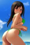  1girl absurdres ass bangs bare_arms bare_shoulders bikini black_hair blue_sky blush breasts brown_eyes clouds day eyebrows_visible_through_hair from_side green_bikini highres horizon long_hair looking_at_viewer looking_to_the_side matsunaga_kouyou medium_breasts nose_blush ocean original outdoors parted_lips side-tie_bikini sky solo swimsuit very_long_hair water 