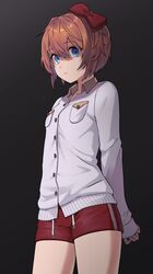  1girl arms_behind_back blue_eyes bow closed_mouth cowboy_shot doki_doki_literature_club eyebrows_visible_through_hair gradient gradient_background hair_bow highres kato_fuyu pajamas pink_hair red_bow red_shorts sayori_(doki_doki_literature_club) shirt short_hair shorts solo thighs white_shirt 