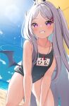  1girl ahoge all_fours bangs beach black_swimsuit black_wings blue_archive blue_sky clouds commentary_request day eyebrows_visible_through_hair grey_hair grin hair_ornament hairclip highres hina_(blue_archive) long_hair looking_at_viewer low_wings name_tag one-piece_swimsuit one_side_up outdoors parted_bangs rindou_ringdong sand school_swimsuit sky smile solo swimsuit very_long_hair violet_eyes water wet whistle whistle_around_neck wings 