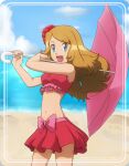  1girl :d bad_proportions bare_arms beach blonde_hair blue_eyes clouds commentary day english_commentary eyebrows_visible_through_hair eyelashes framed holding navel noelia_ponce open_mouth outdoors pink_umbrella pokemon pokemon_(anime) pokemon_xy_(anime) red_skirt sand serena_(pokemon) shore skirt sky smile solo swimsuit tongue umbrella upper_teeth water 