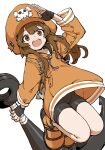  anchor bike_shorts brown_eyes brown_hair guilty_gear guilty_gear_strive hat highres holding holding_anchor hood hoodie looking_at_viewer may_(guilty_gear) open_mouth orange_footwear orange_headwear orange_hoodie orange_shirt pirate pirate_hat salute shirt skull_and_crossbones white_background yamamoto_souichirou 