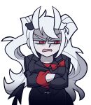  1girl alternate_hairstyle bags_under_eyes bangs bear_hair_ornament bini_(xocolatl_501) black_jacket black_pants bow bowtie breasts commentary_request cosplay_request cowboy_shot crossed_arms dangan_ronpa_(series) dangan_ronpa_2:_goodbye_despair demon_girl demon_tail enoshima_junko hair_ornament half-closed_eyes helltaker horns jacket large_breasts leaning_forward long_hair open_mouth pale_skin pants parody red_bow red_eyes red_shirt shirt solo tail transparent_background twintails white_horns 
