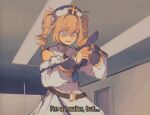  1girl after_war_gundam_x bangs barbara_(genshin_impact) belt blonde_hair blue_eyes blush brown_belt dress english_commentary english_text genshin_impact gun gundam handgun holding holding_gun holding_weapon looking_down malan meme pistol sketch solo subtitled twintails v-shaped_eyebrows weapon white_dress 