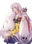  1boy armor commentary_request crescent facial_mark fingernails forehead_mark full_body fur highres inuyasha japanese_clothes lips long_hair male_focus pointy_ears sesshoumaru silver_hair sitting solo sword tanu0706 very_long_hair weapon white_background yellow_eyes 
