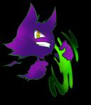  black_background clenched_hand commentary_request floating full_body ghost grin happy haunter holding looking_at_viewer minashirazu no_humans one_eye_closed partial_commentary pokemon pokemon_(creature) simple_background smile solo teeth yellow_eyes 