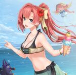  2girls :d bangs bare_shoulders bikini black_bow blush bow breasts brown_bow collarbone creature flower food from_side hair_bow hair_flower hair_ornament highres hirono_(hxze4434) horizon ice_cream ice_cream_cone jewelry long_hair monster_strike multiple_girls navel necklace ocean open_mouth outdoors ponytail red_flower redhead shiny shiny_hair smile solo_focus sparkle stomach swimsuit upper_teeth 