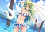  1girl arm_up bangs bare_arms bare_shoulders bikini blue_sky blush breasts clouds commentary_request cowboy_shot day dutch_angle eyebrows_visible_through_hair frog_hair_ornament green_eyes green_hair hair_ornament kochiya_sanae long_hair looking_at_viewer medium_breasts navel outdoors roke_(taikodon) sky smile snake snake_hair_ornament solo standing stomach swimsuit thighs touhou wading water white_bikini 