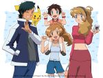  2boys 2girls :d ash_ketchum bangs black_hair blue_eyes blue_pants blue_shorts brown_eyes brown_hair camera character_name closed_mouth collared_shirt commentary crop_top english_commentary eyelashes gen_1_pokemon grey_shirt grin hairband hand_in_pocket hand_up holding holding_camera if_they_mated jacket jewelry light_brown_hair long_hair long_sleeves multiple_boys multiple_girls navel necklace noelia_ponce older one_eye_closed open_clothes open_jacket open_mouth pants pikachu pokemon pokemon_(anime) pokemon_(creature) pokemon_xy_(anime) shiny shiny_hair shirt short_hair shorts skirt sleeveless sleeveless_shirt smile teeth thigh-highs tongue 