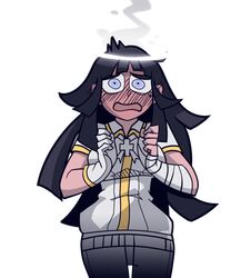  1girl alternate_eye_color alternate_hair_color azazel_(helltaker) azazel_(helltaker)_(cosplay) bandaged_arm bandages bangs bini_(xocolatl_501) black_hair blue_eyes blush breasts commentary_request cosplay cowboy_shot cross dangan_ronpa_(series) dangan_ronpa_2:_goodbye_despair full-face_blush gloves halo hands_up helltaker jacket large_breasts long_hair looking_at_viewer mole mole_under_eye open_mouth pants parody short_sleeves simple_background single_glove solo steam transparent_background tsumiki_mikan white_background white_gloves white_jacket white_pants 